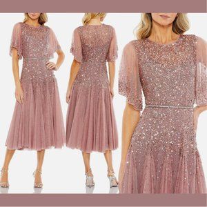 NWT‎ $598 Mac Duggal [ 20 ] Cape Sleeve Beaded Tea A-Line Dress Rosewood Pink